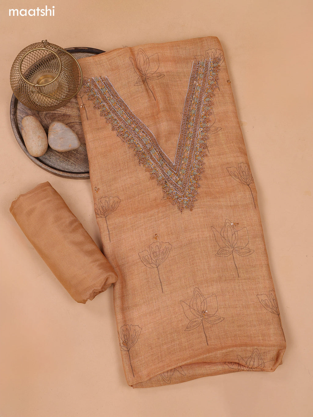 Sandal and Mehendi Green Linen Cotton Dress Material With Floral Prints & Zardosi Work Neck Pattern and Bottom & Dupatta