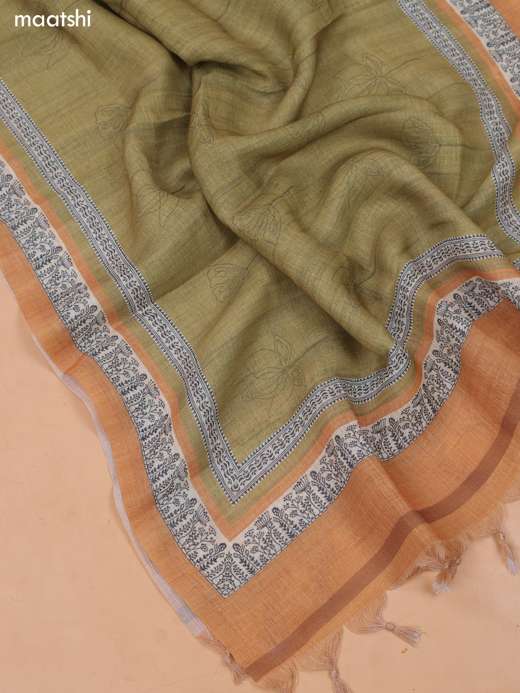 Sandal and Mehendi Green Linen Cotton Dress Material With Floral Prints & Zardosi Work Neck Pattern and Bottom & Dupatta