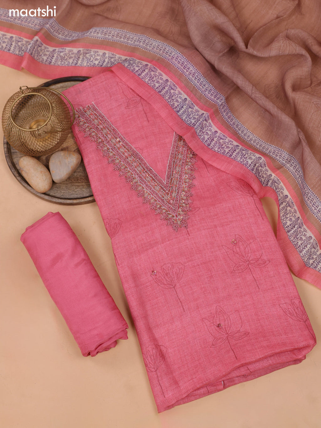 Peach Pink and Biege Linen Cotton Dress Material With Floral Prints & Zardosi Work Neck Pattern and Bottom & Dupatta