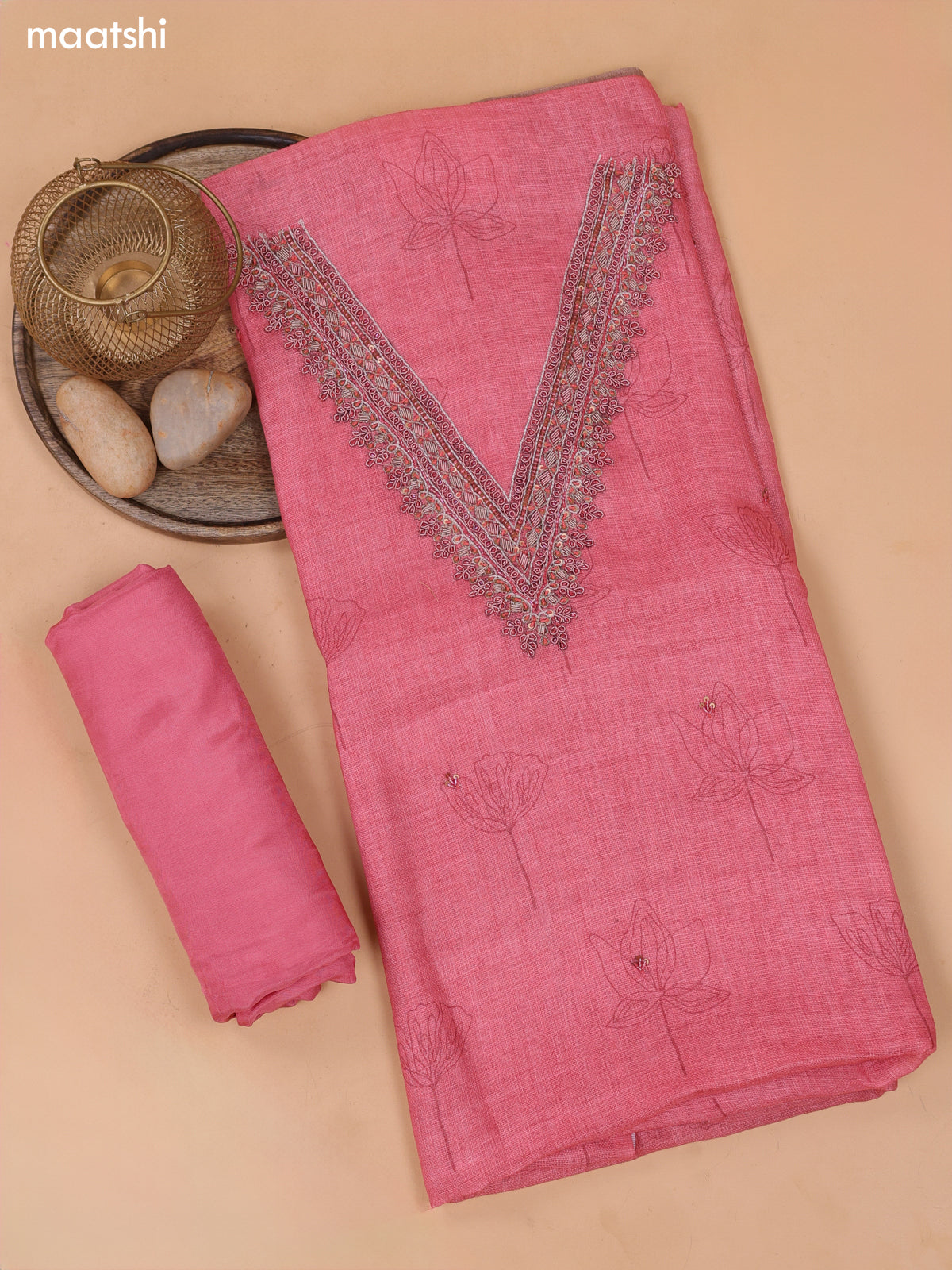 Peach Pink and Biege Linen Cotton Dress Material With Floral Prints & Zardosi Work Neck Pattern and Bottom & Dupatta