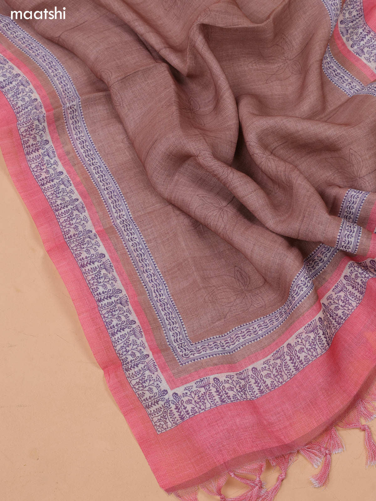 Peach Pink and Biege Linen Cotton Dress Material With Floral Prints & Zardosi Work Neck Pattern and Bottom & Dupatta