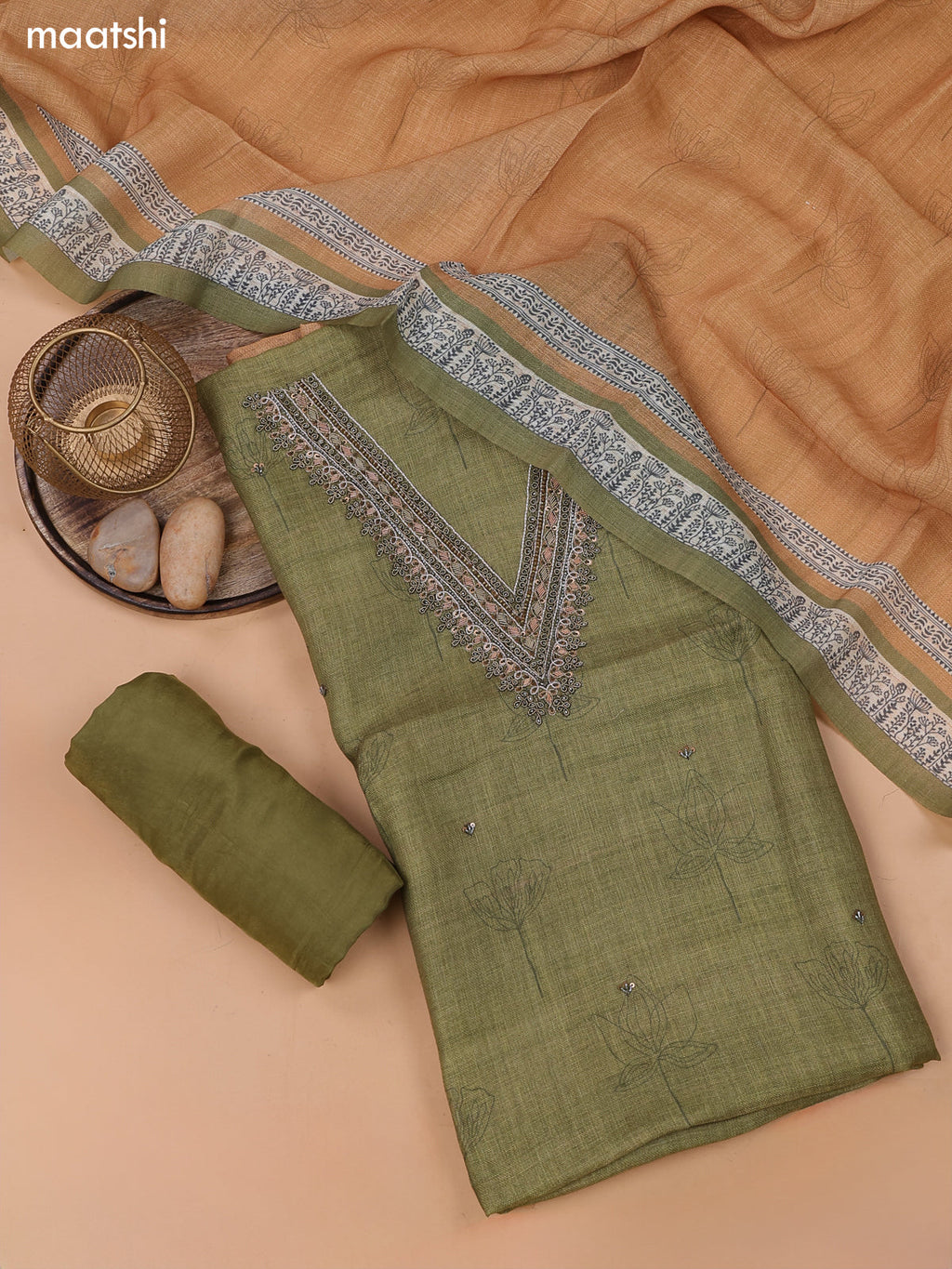 Mehendi Green and Sandal Linen Cotton Dress Material With Floral Prints & Zardosi Work Neck Pattern and Bottom & Dupatta