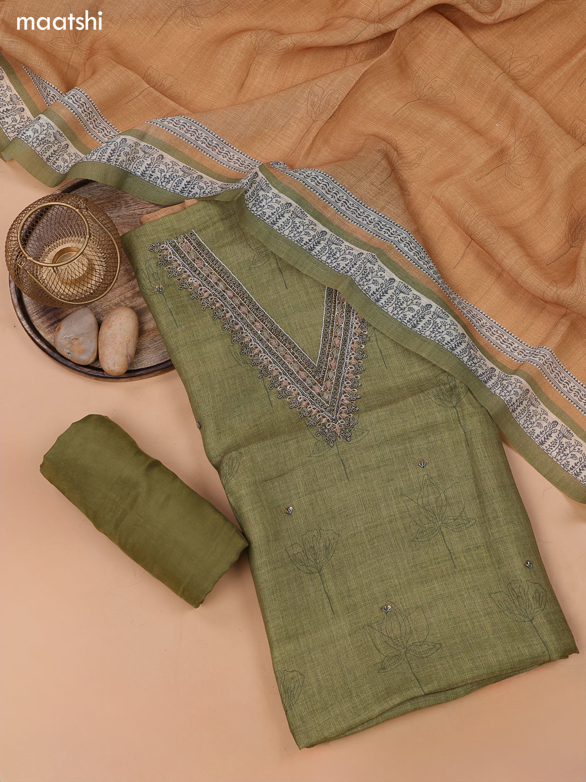 Mehendi Green and Sandal Linen Cotton Dress Material With Floral Prints & Zardosi Work Neck Pattern and Bottom & Dupatta