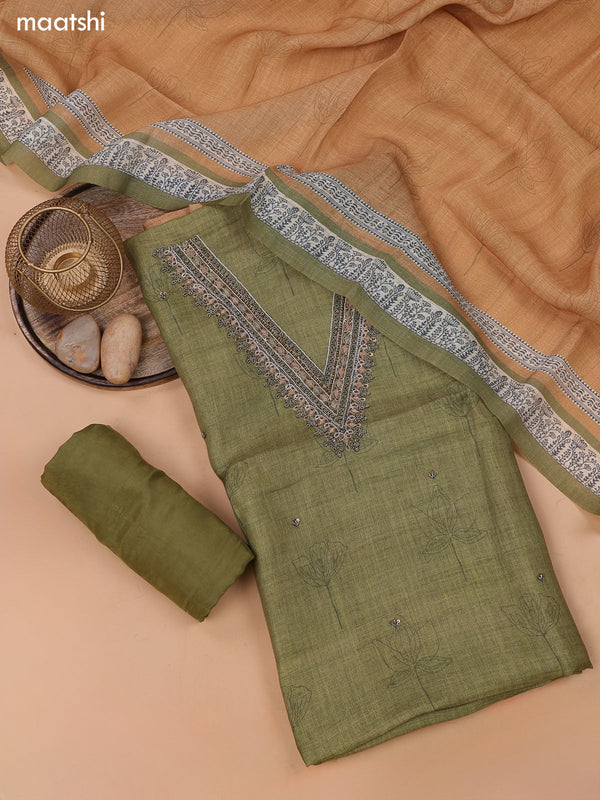 Mehendi Green and Sandal Linen Cotton Dress Material With Floral Prints & Zardosi Work Neck Pattern and Bottom & Dupatta