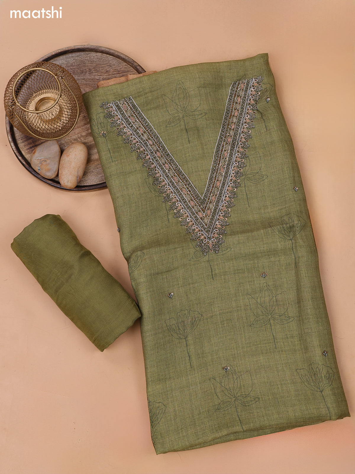 Mehendi Green and Sandal Linen Cotton Dress Material With Floral Prints & Zardosi Work Neck Pattern and Bottom & Dupatta