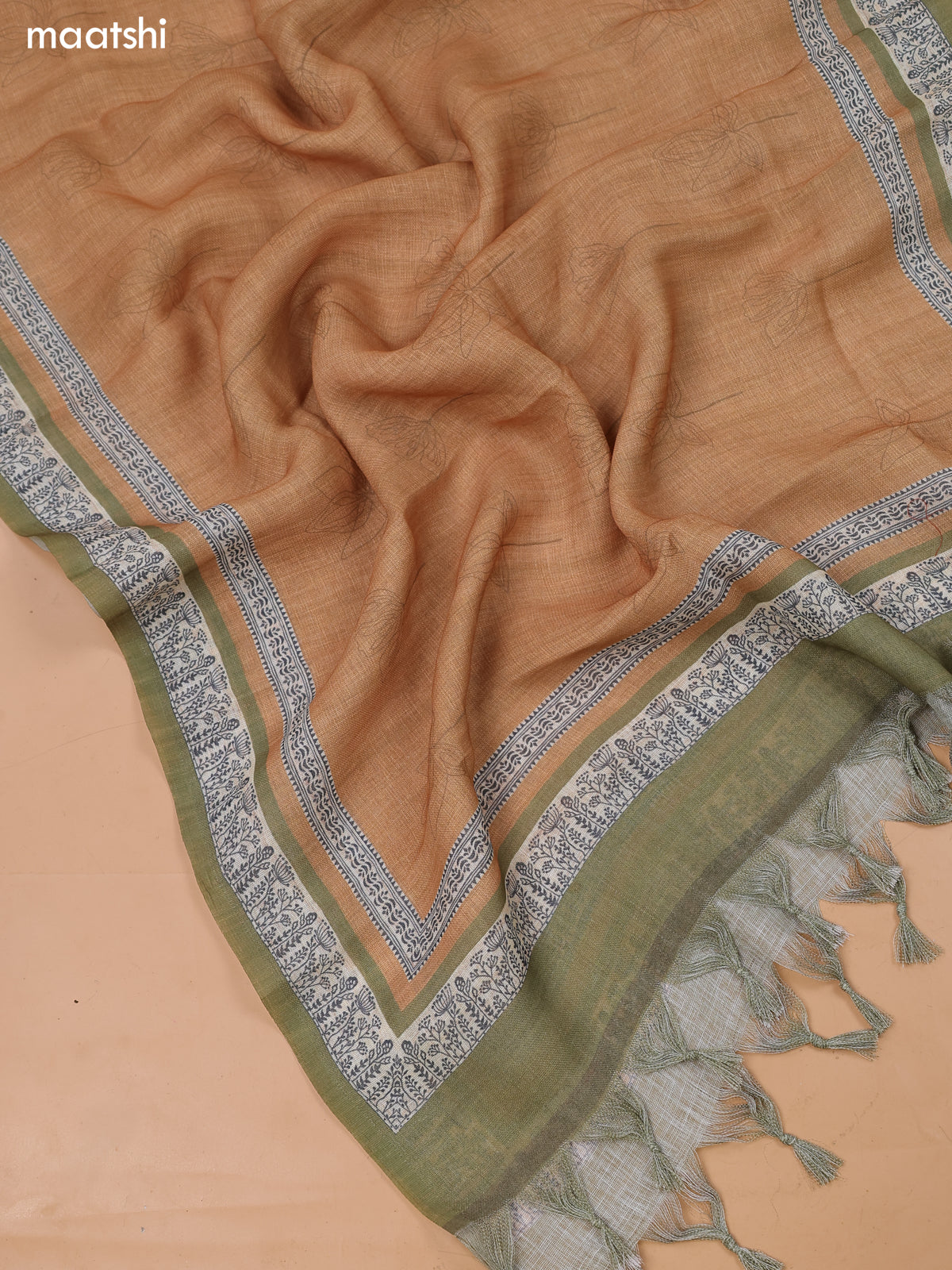 Mehendi Green and Sandal Linen Cotton Dress Material With Floral Prints & Zardosi Work Neck Pattern and Bottom & Dupatta