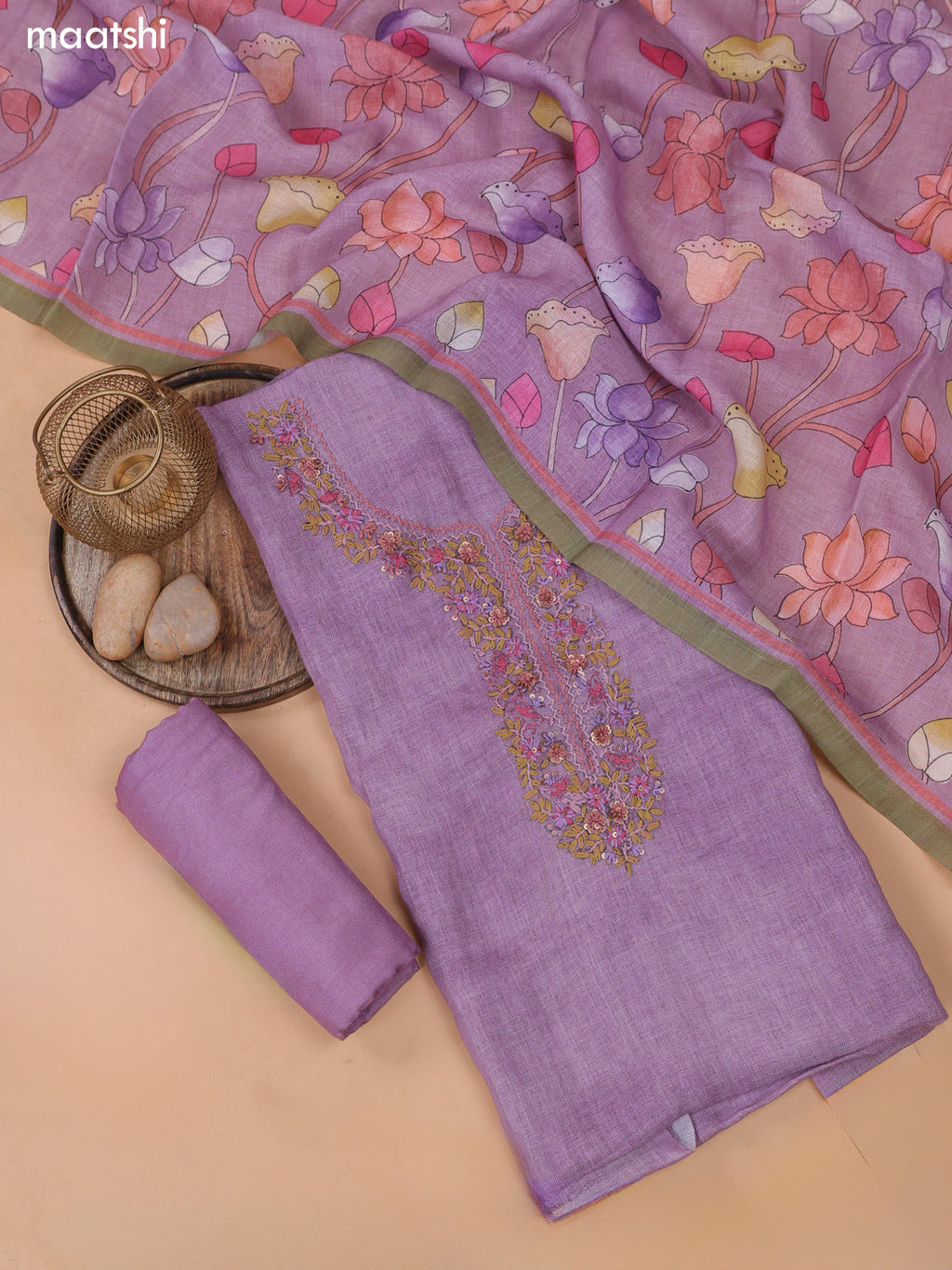 Pastel Lavender Linen Cotton Dress Material With Floral Embroidery Work Neck Pattern and Bottom & Dupatta