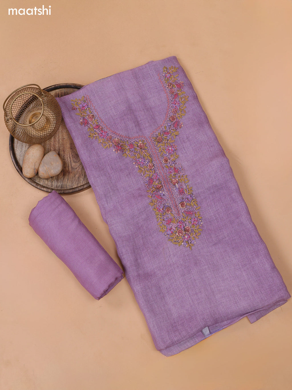 Pastel Lavender Linen Cotton Dress Material With Floral Embroidery Work Neck Pattern and Bottom & Dupatta