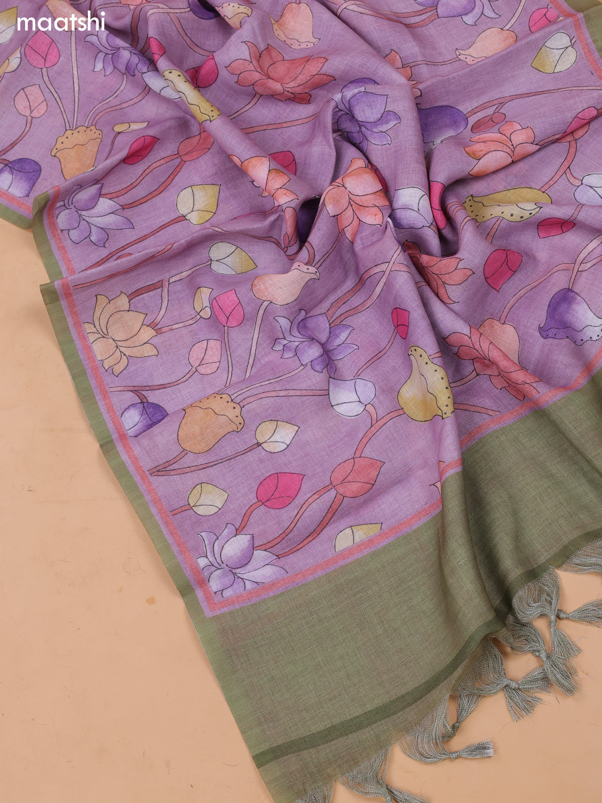 Pastel Lavender Linen Cotton Dress Material With Floral Embroidery Work Neck Pattern and Bottom & Dupatta