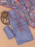 Bluish Grey Linen Cotton Dress Material With Floral Embroidery Work Neck Pattern and Bottom & Dupatta