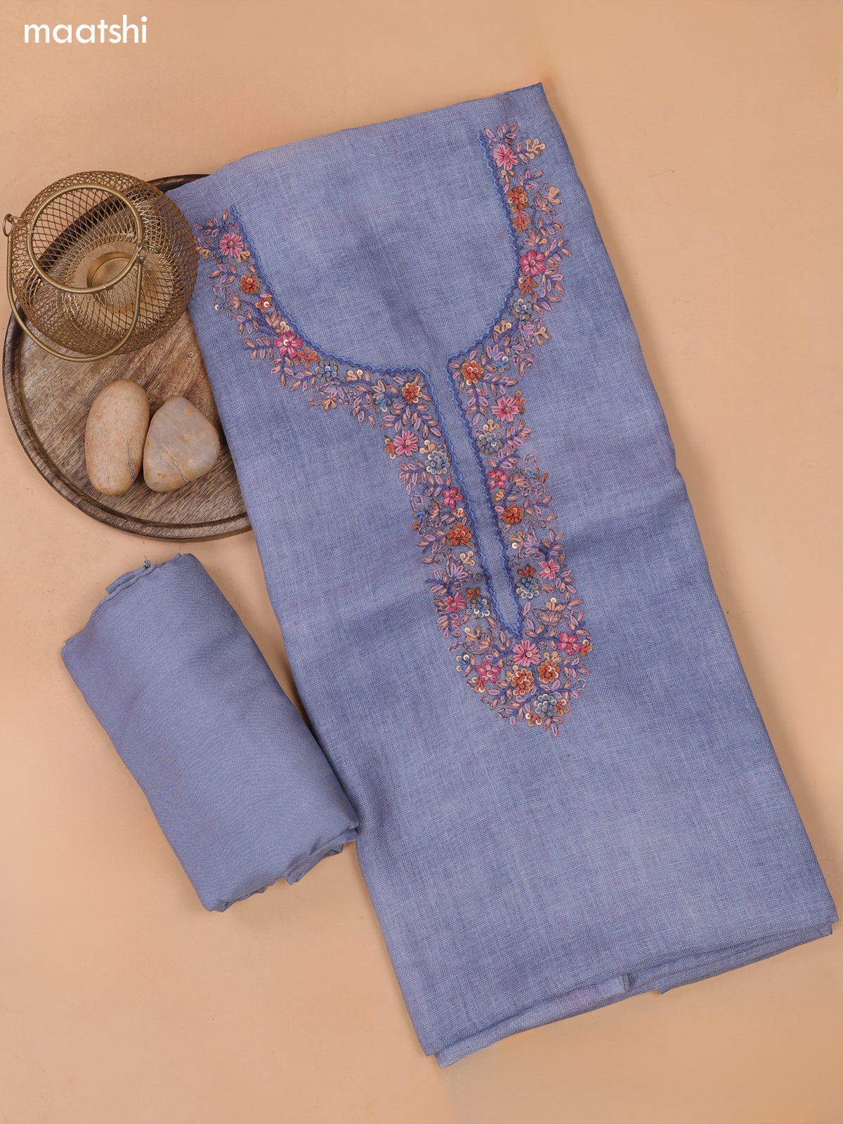 Bluish Grey Linen Cotton Dress Material With Floral Embroidery Work Neck Pattern and Bottom & Dupatta