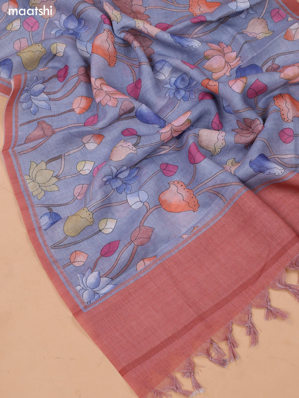 Bluish Grey Linen Cotton Dress Material With Floral Embroidery Work Neck Pattern and Bottom & Dupatta