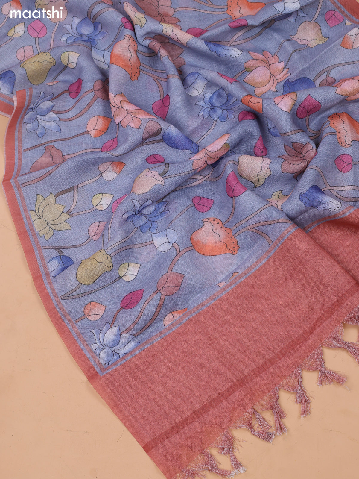 Bluish Grey Linen Cotton Dress Material With Floral Embroidery Work Neck Pattern and Bottom & Dupatta