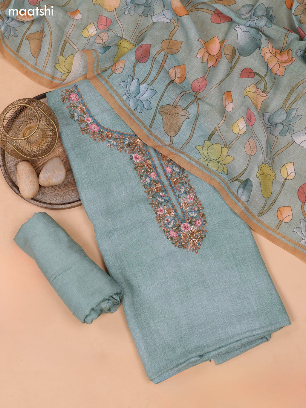 Pastel Green Linen Cotton Dress Material With Floral Embroidery Work Neck Pattern and Bottom & Dupatta