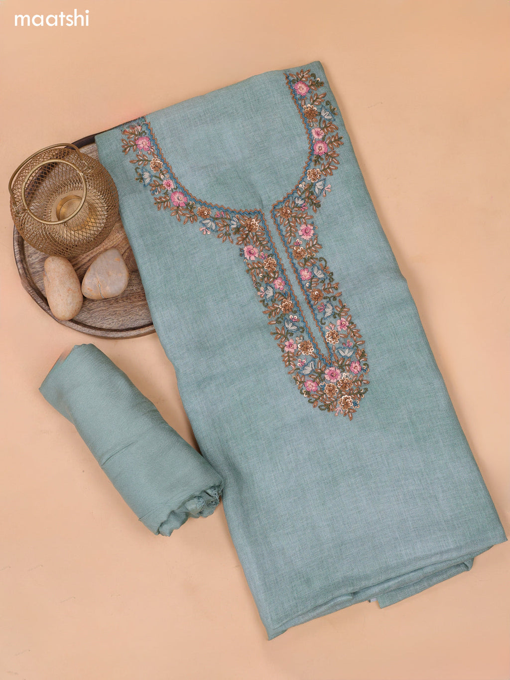 Pastel Green Linen Cotton Dress Material With Floral Embroidery Work Neck Pattern and Bottom & Dupatta