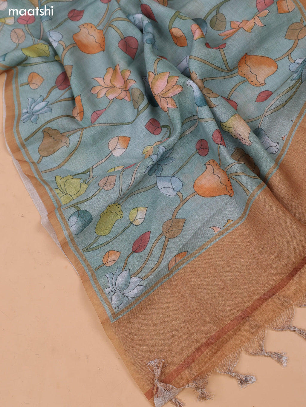 Pastel Green Linen Cotton Dress Material With Floral Embroidery Work Neck Pattern and Bottom & Dupatta