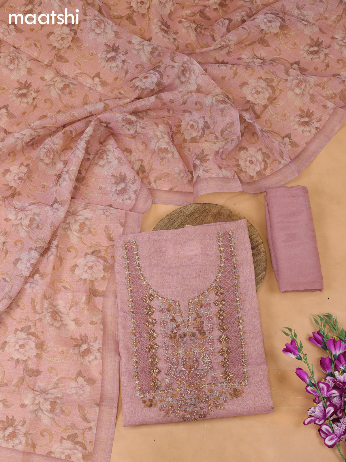Peach Tissue Dress Material With Embroidery Work Neck Pattern