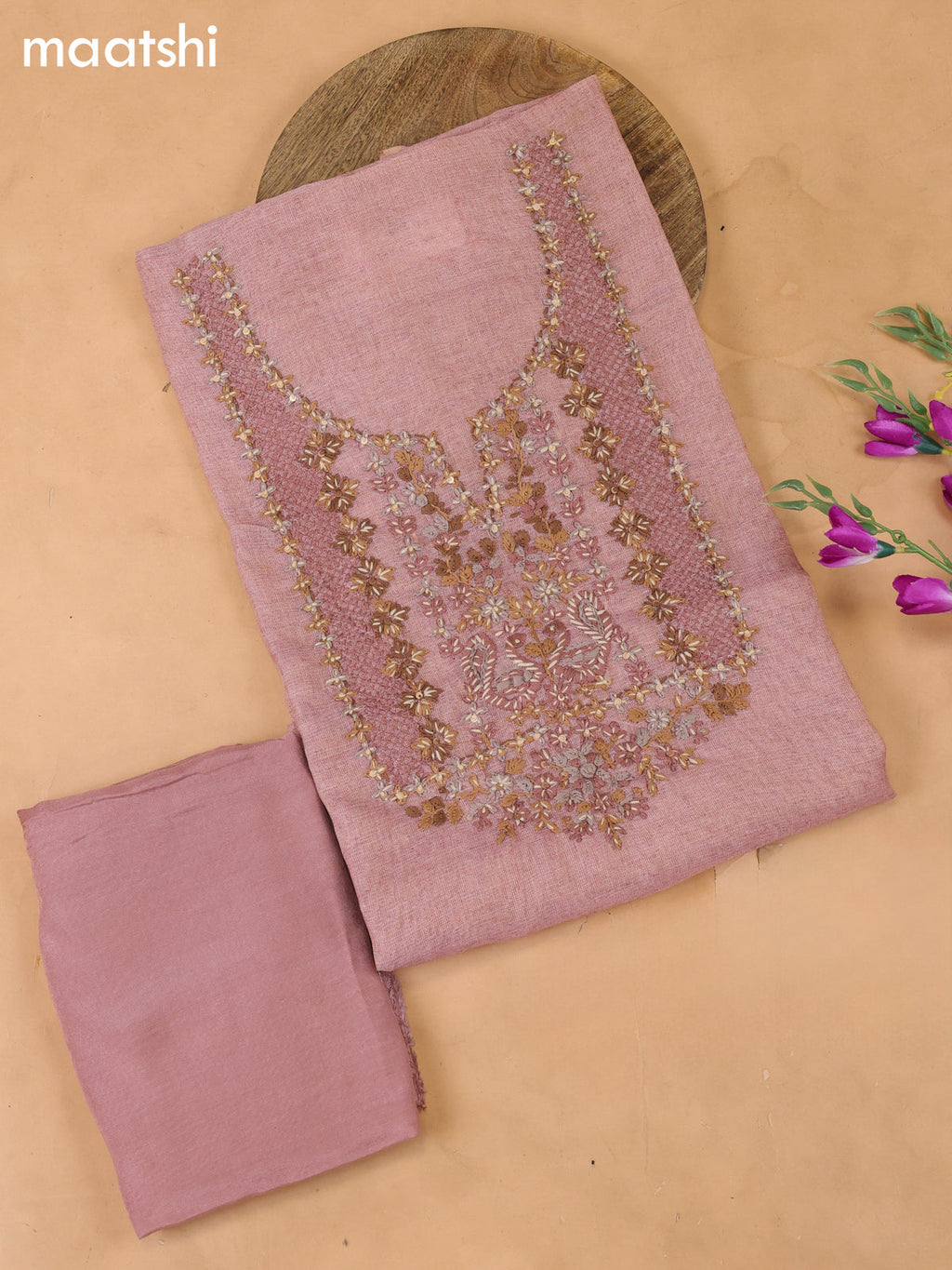 Peach Tissue Dress Material With Embroidery Work Neck Pattern