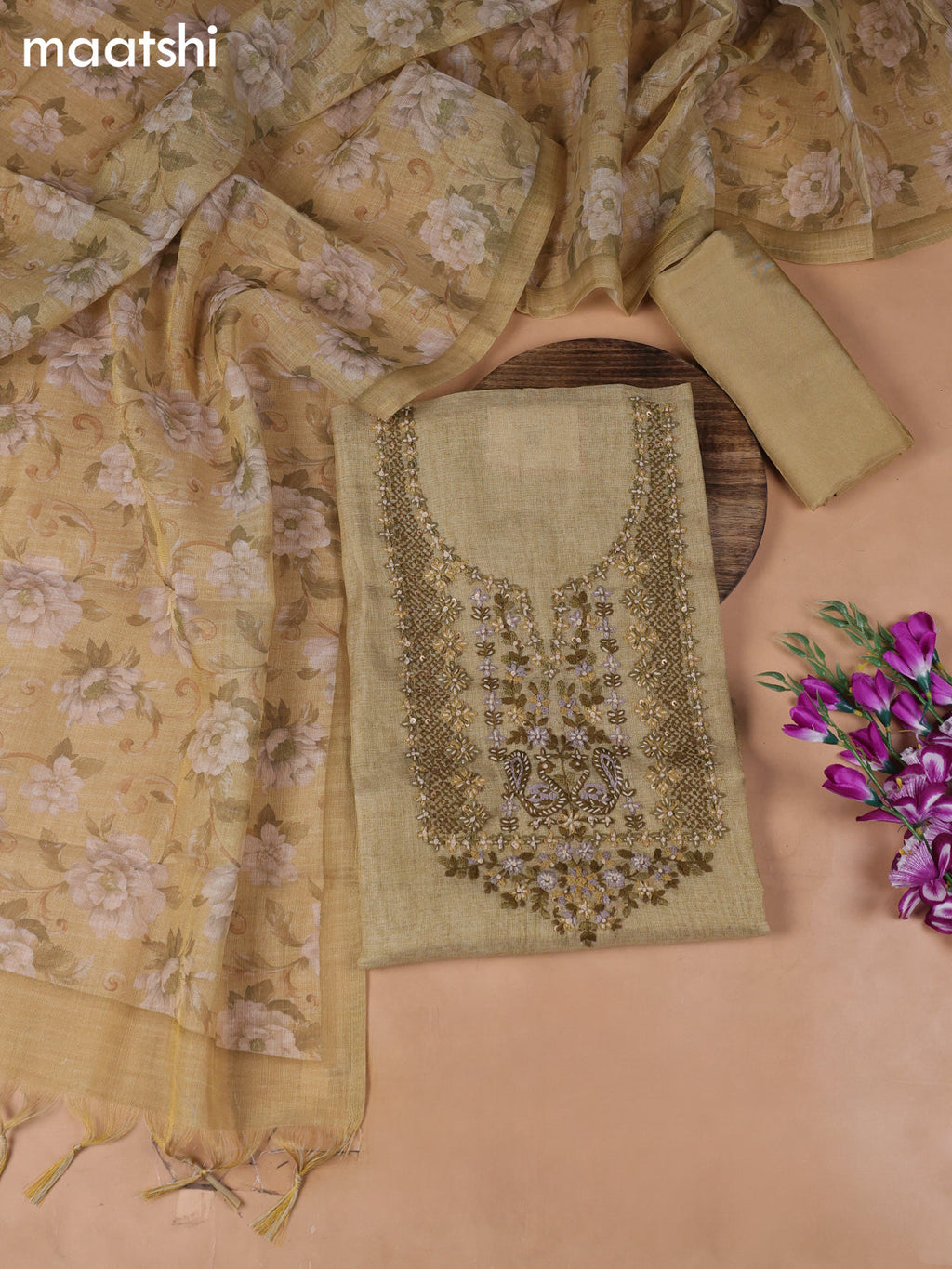 Pastel Green Tissue Dress Material With Embroidery Work Neck Pattern