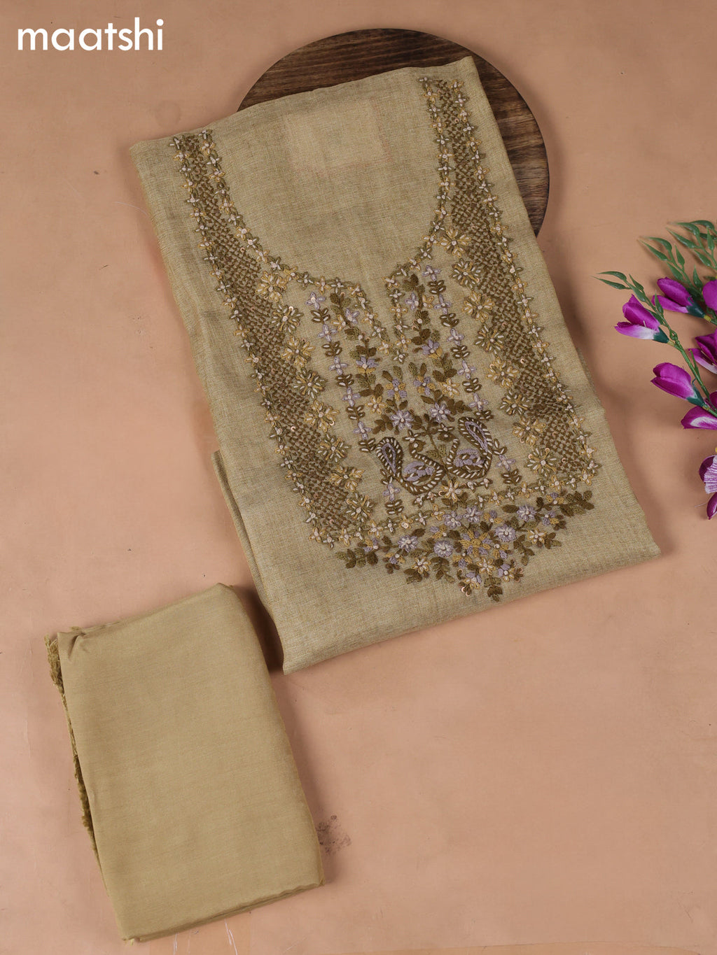 Pastel Green Tissue Dress Material With Embroidery Work Neck Pattern