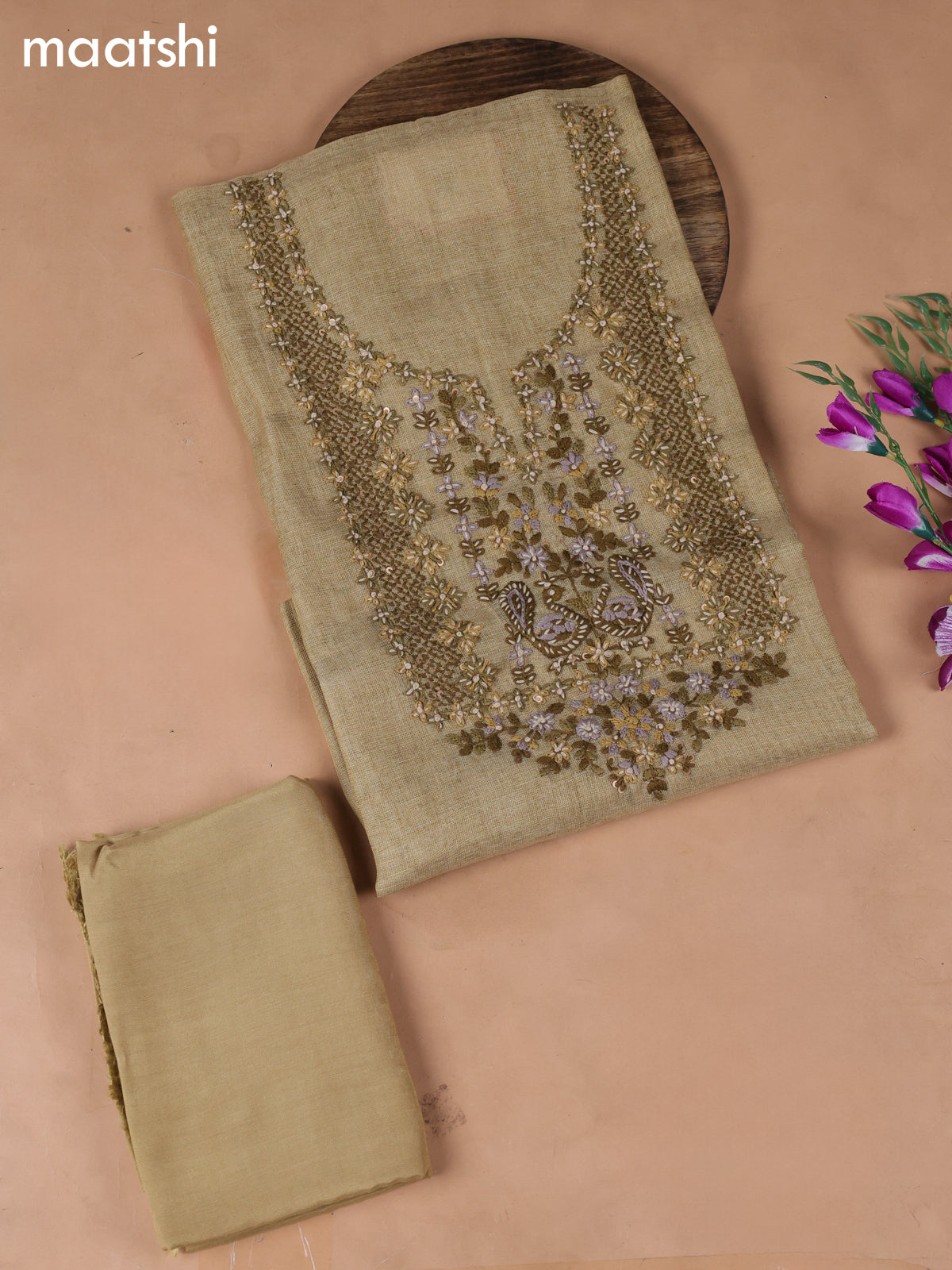 Pastel Green Tissue Dress Material With Embroidery Work Neck Pattern