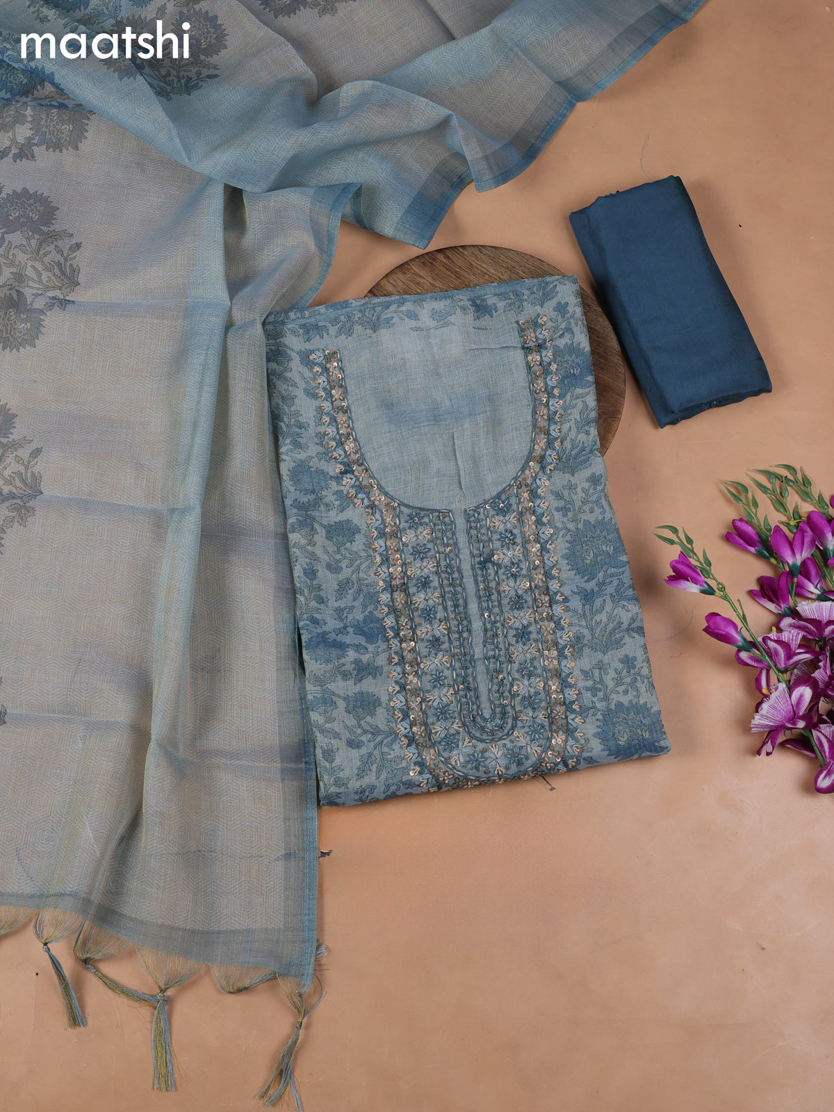 Pastel Blue Tissue Dress Material With Embroidery Work Neck Pattern