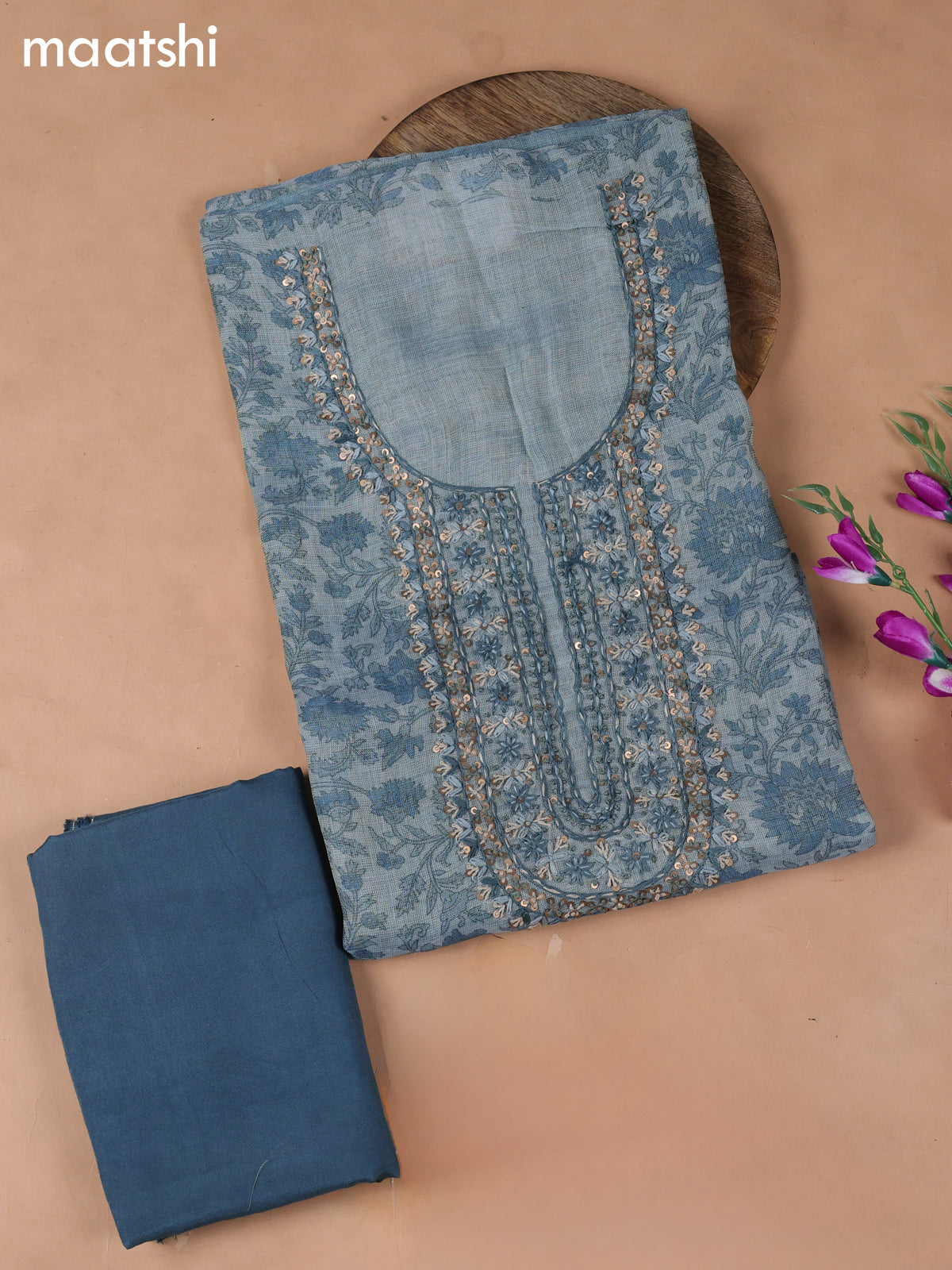 Pastel Blue Tissue Dress Material With Embroidery Work Neck Pattern