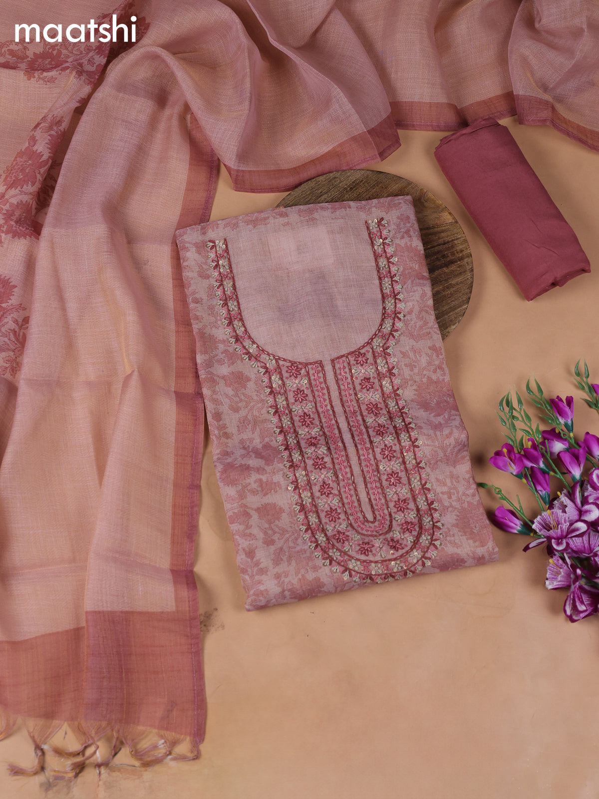 Peach Pink Tissue Dress Material With Embroidery Work Neck Pattern