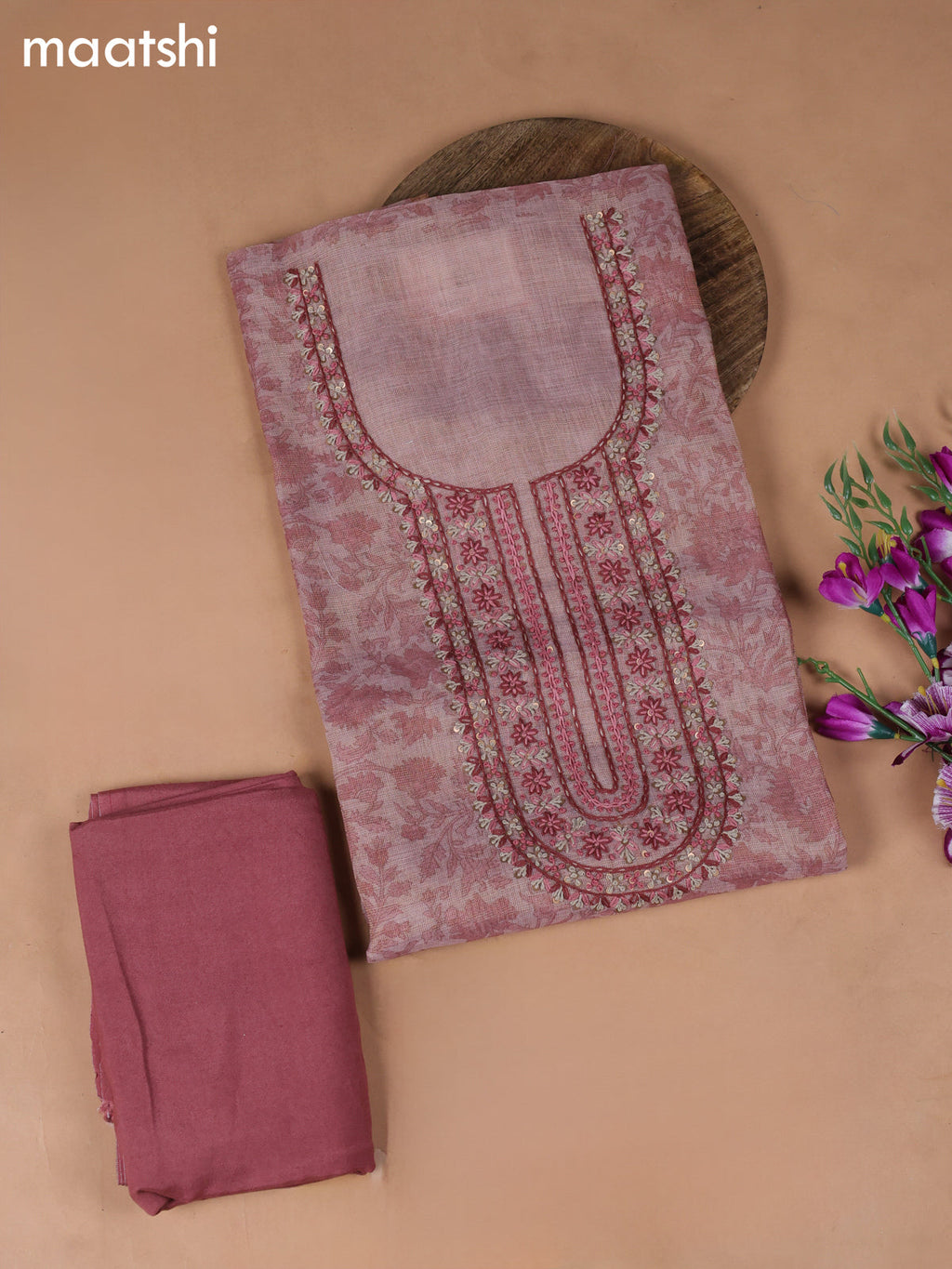 Peach Pink Tissue Dress Material With Embroidery Work Neck Pattern
