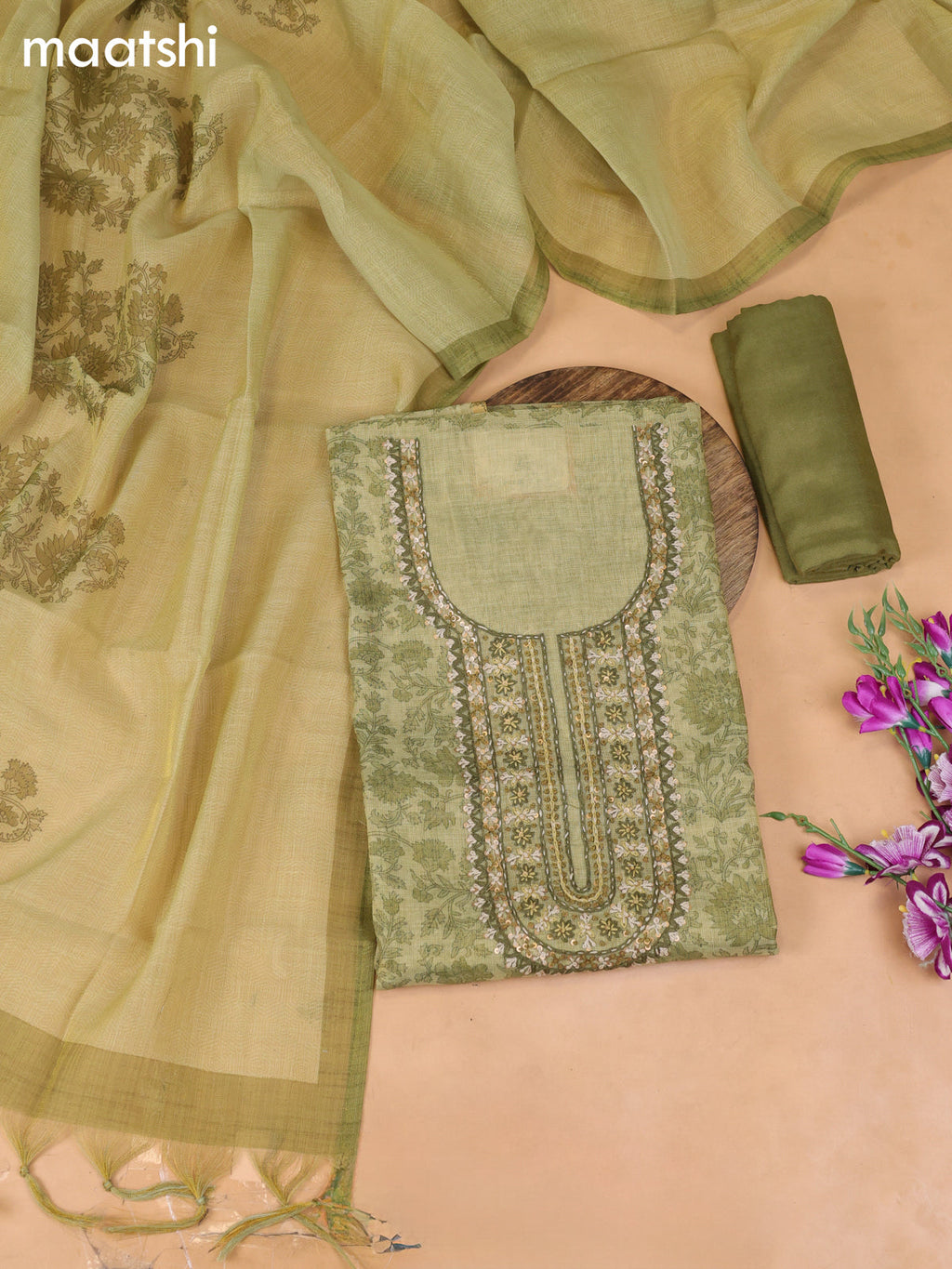 Green Tissue Dress Material With Embroidery Work Neck Pattern