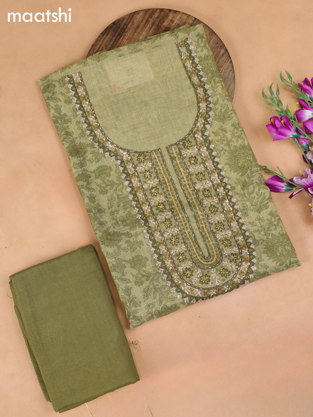 Green Tissue Dress Material With Embroidery Work Neck Pattern
