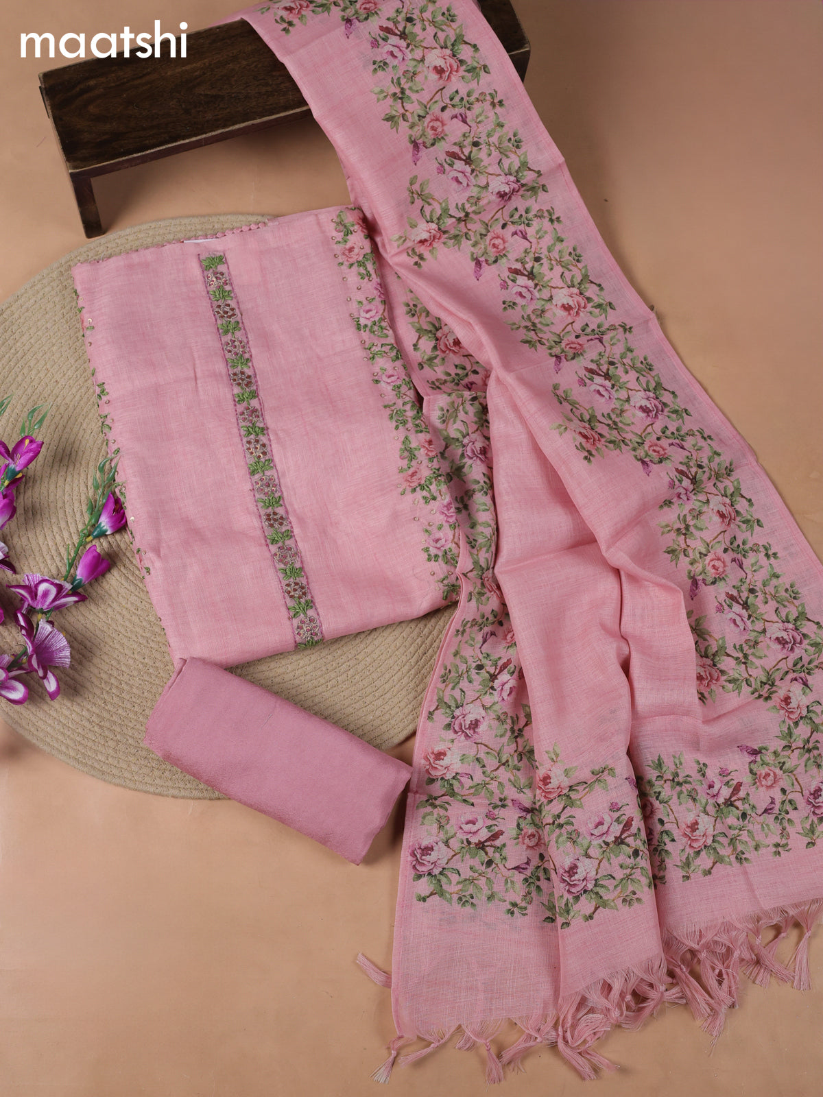 Peach Pink Tissue Linen Dress Material With Embroidery Work Neck Pattern