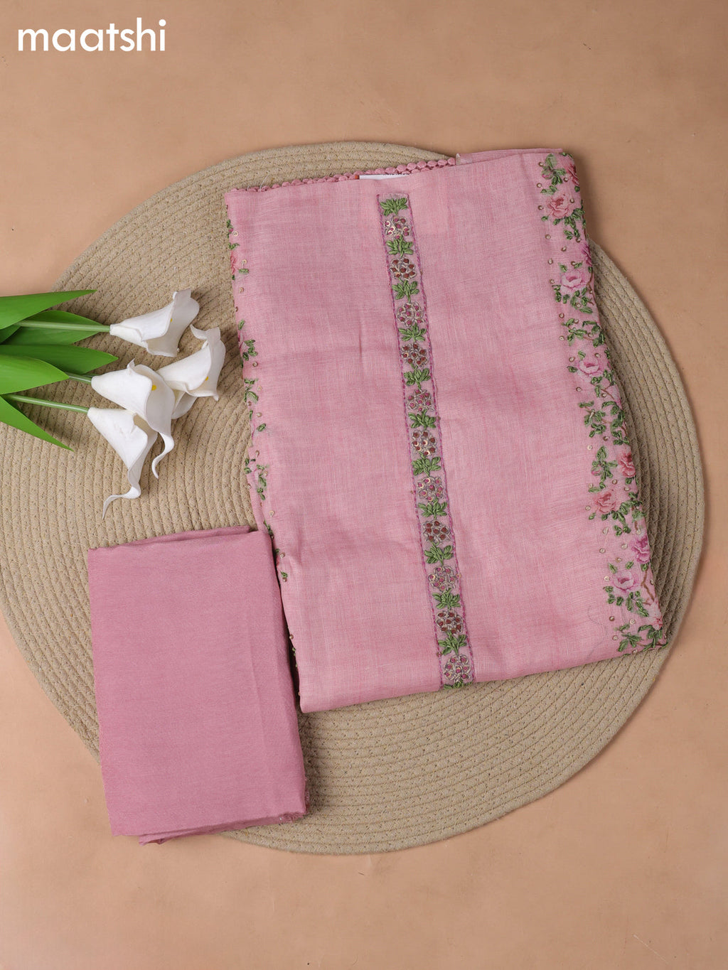 Peach Pink Tissue Linen Dress Material With Embroidery Work Neck Pattern