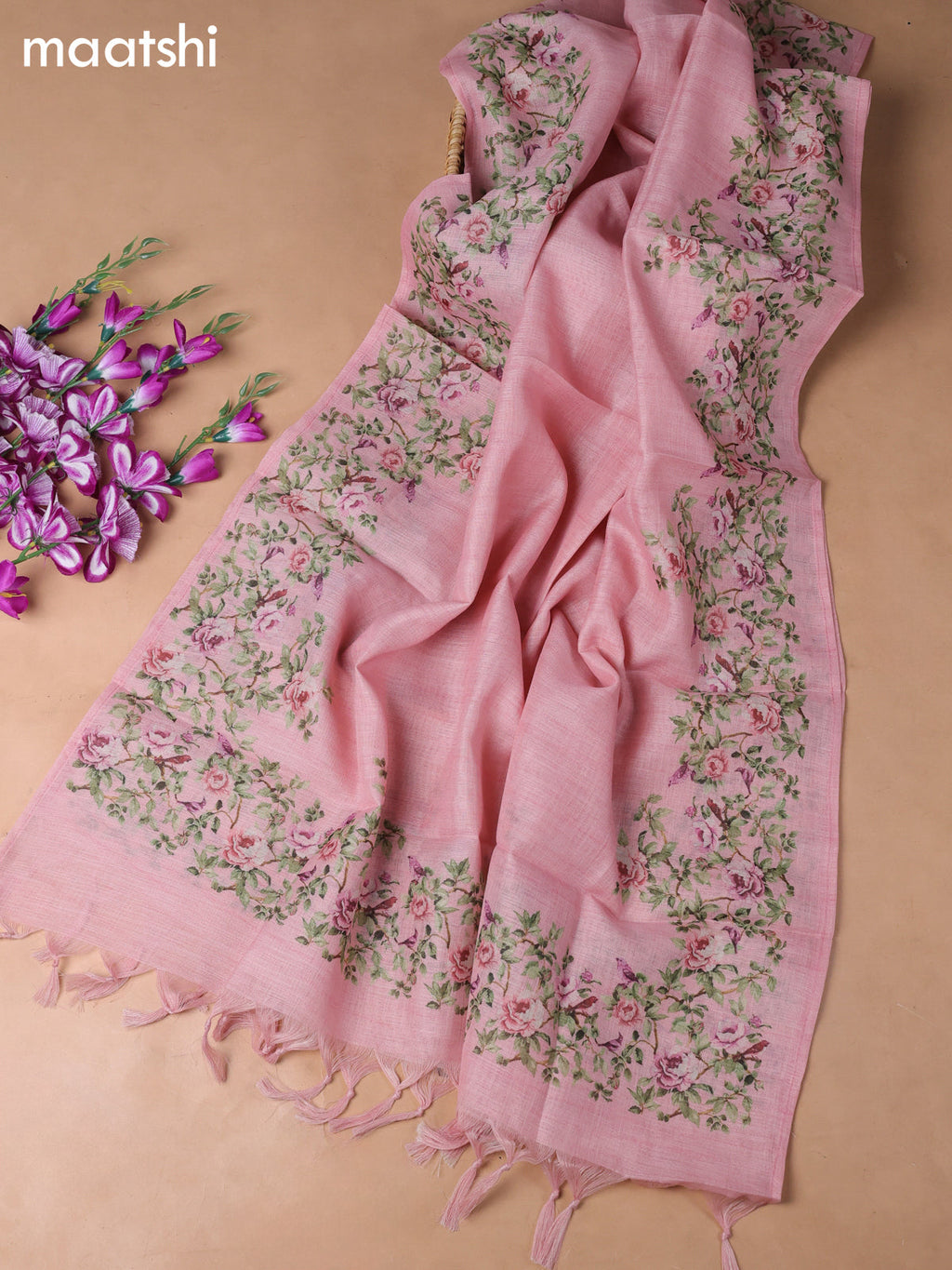 Peach Pink Tissue Linen Dress Material With Embroidery Work Neck Pattern