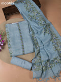 Teal Blue Tissue Linen Dress Material With Embroidery Work Neck Pattern