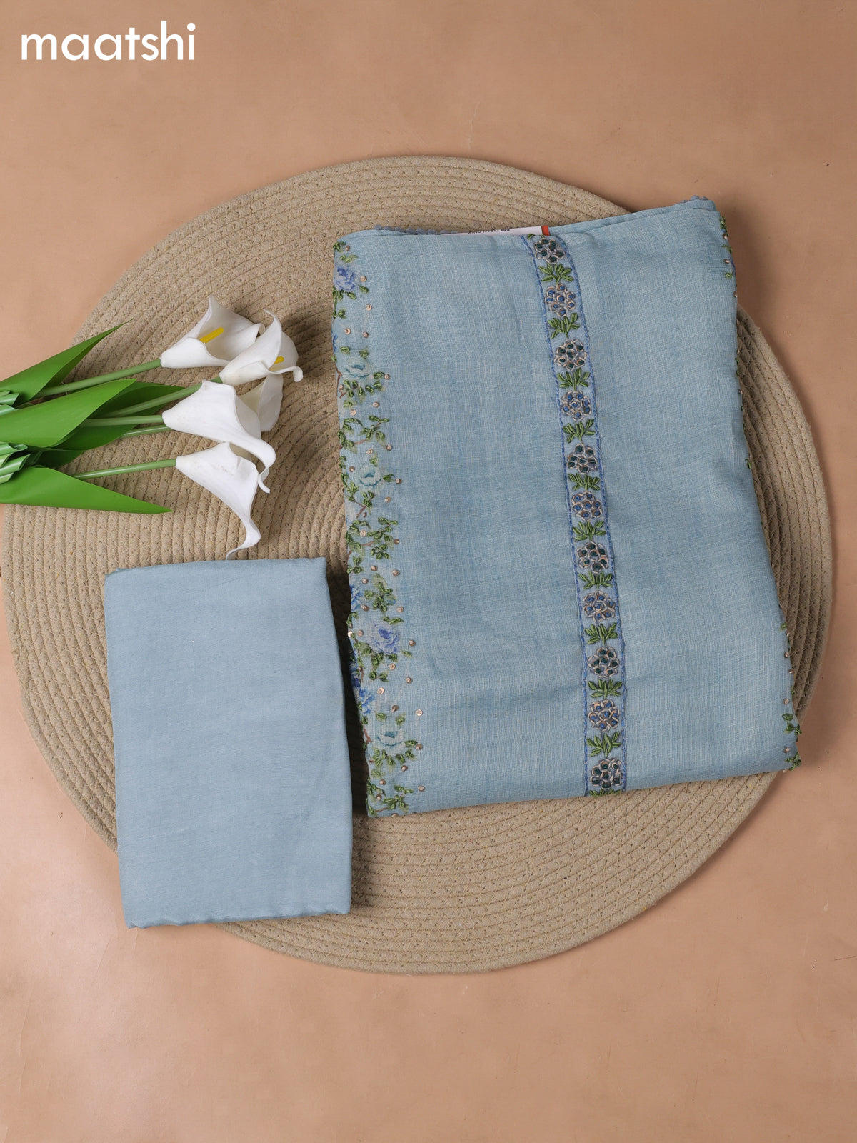 Teal Blue Tissue Linen Dress Material With Embroidery Work Neck Pattern