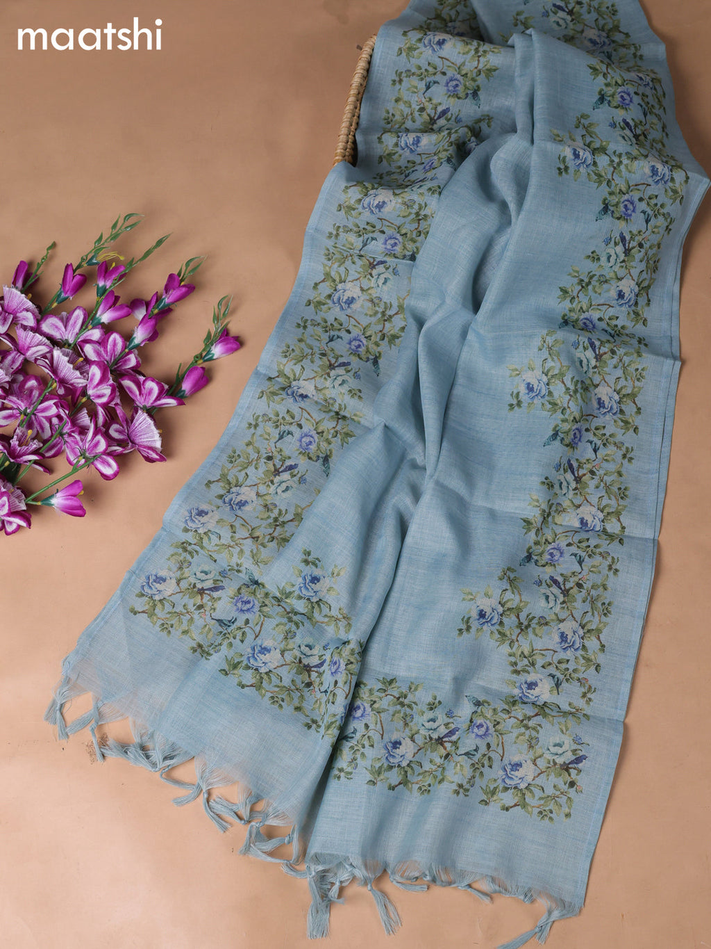 Teal Blue Tissue Linen Dress Material With Embroidery Work Neck Pattern