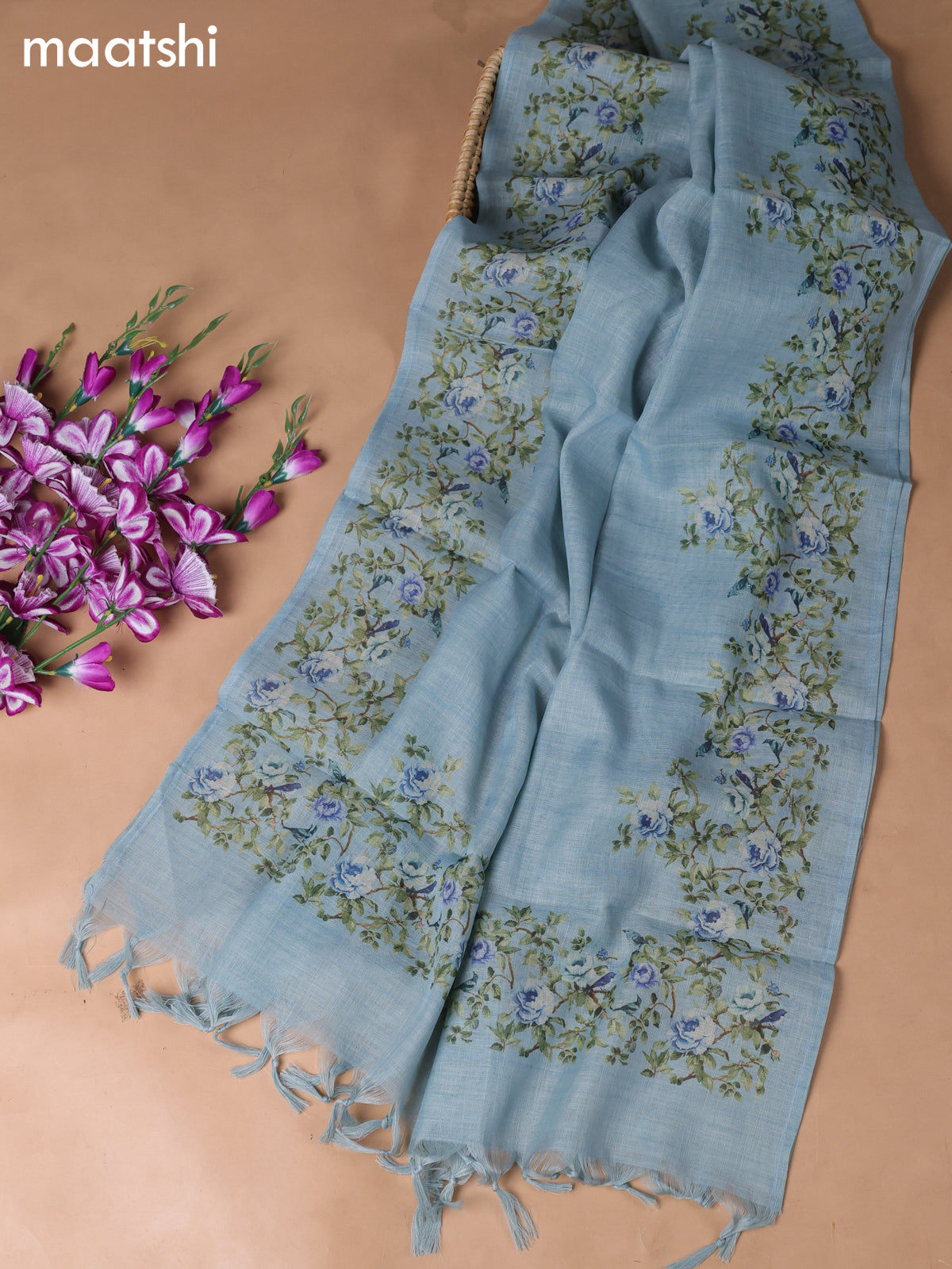 Teal Blue Tissue Linen Dress Material With Embroidery Work Neck Pattern