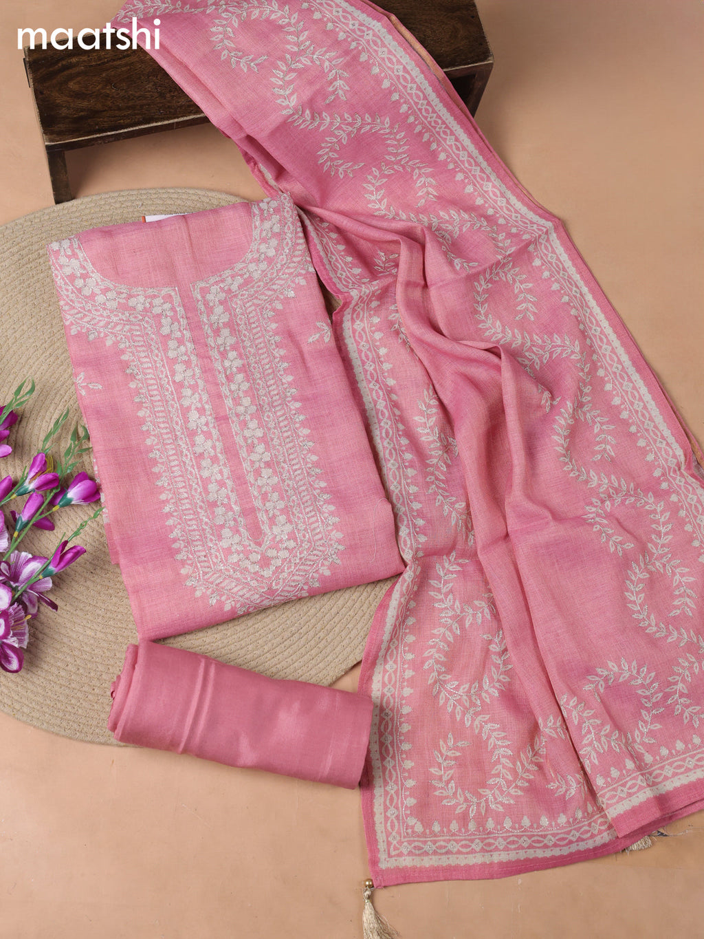 Pink Tissue Linen Dress Material With Embroidery Work Neck Pattern