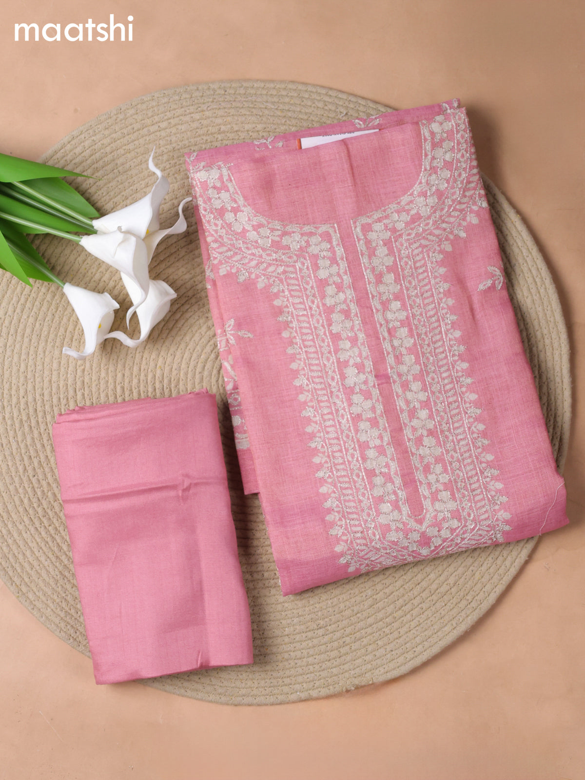 Pink Tissue Linen Dress Material With Embroidery Work Neck Pattern