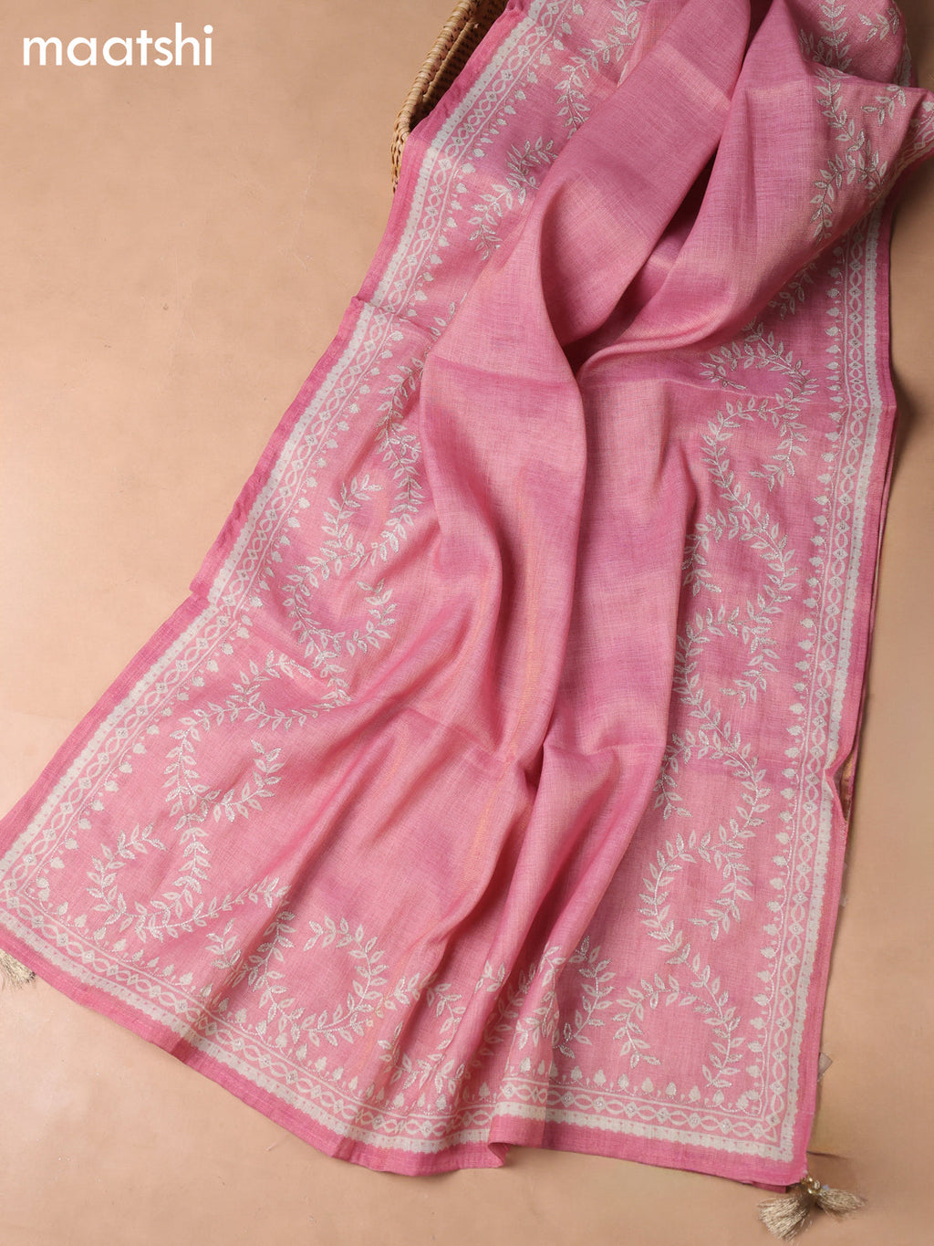 Pink Tissue Linen Dress Material With Embroidery Work Neck Pattern
