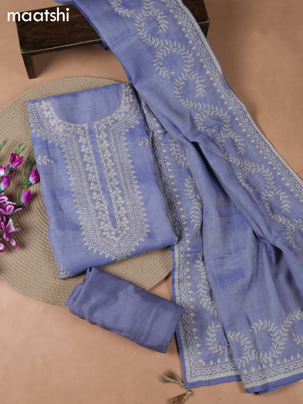 Blue Tissue Linen Dress Material With Embroidery Work Neck Pattern