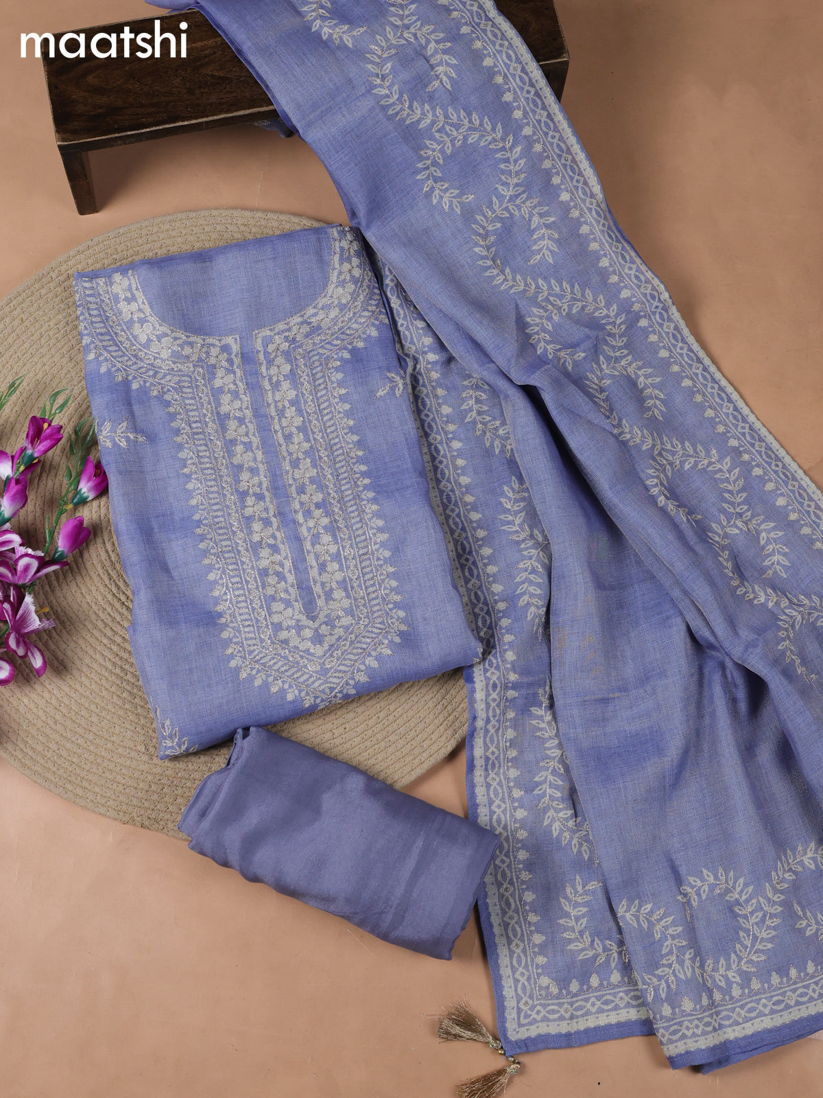Blue Tissue Linen Dress Material With Embroidery Work Neck Pattern