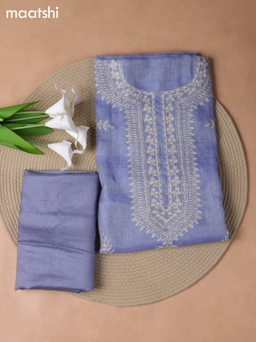 Blue Tissue Linen Dress Material With Embroidery Work Neck Pattern