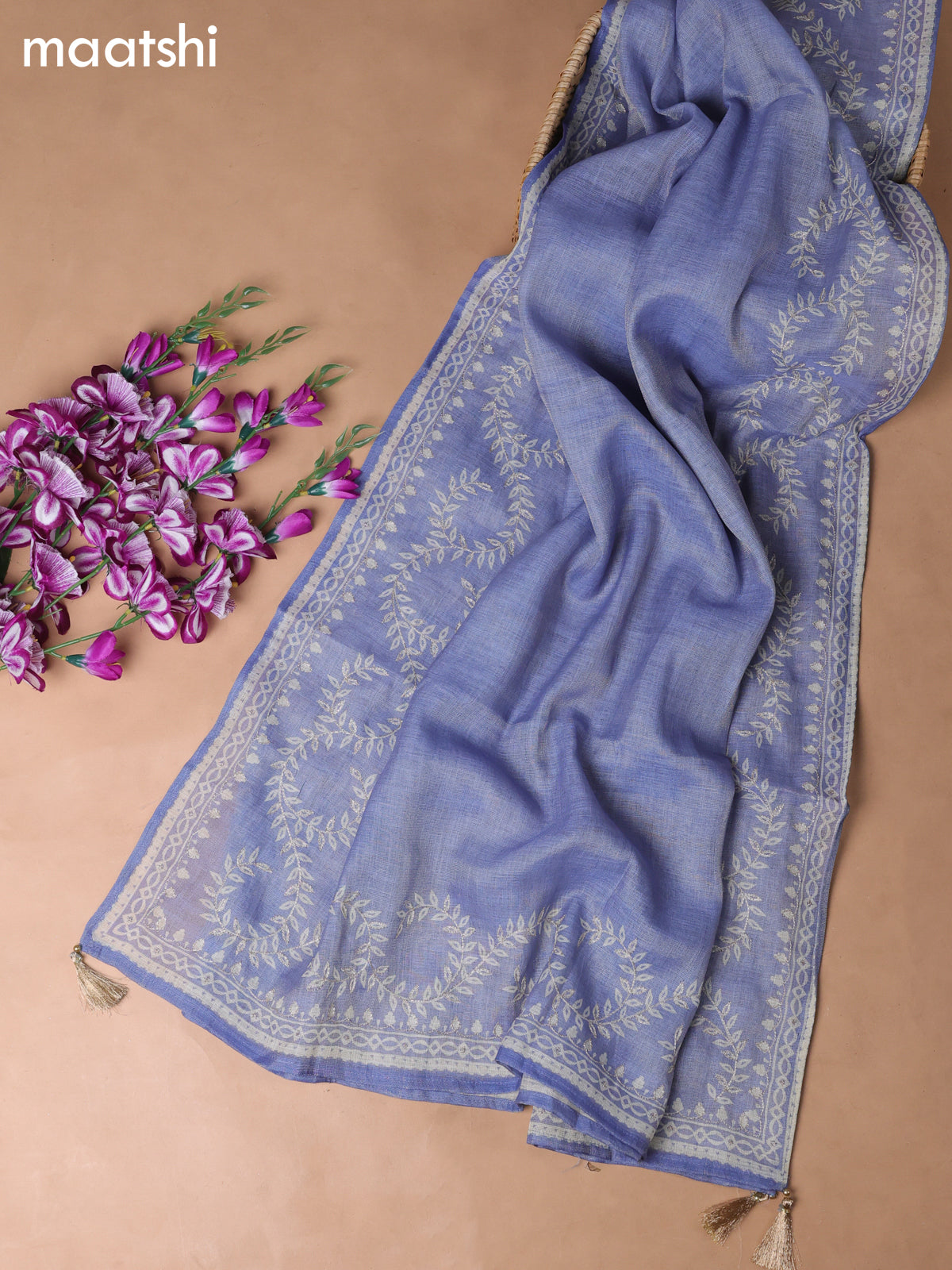 Blue Tissue Linen Dress Material With Embroidery Work Neck Pattern