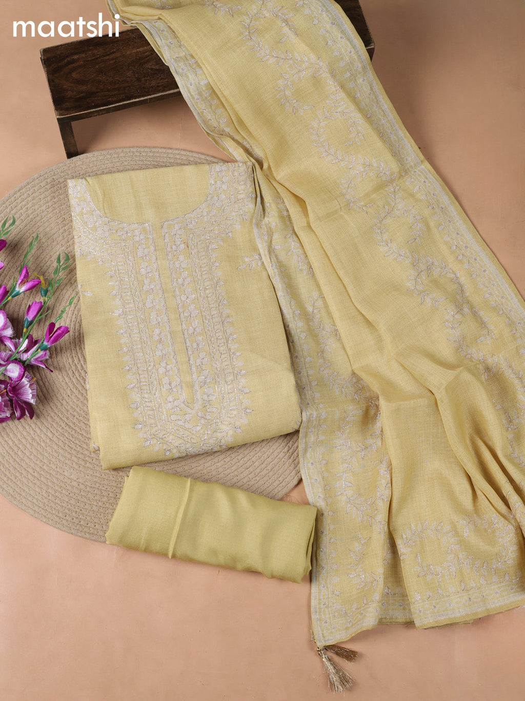 Lime Yellow Tissue Linen Dress Material With Embroidery Work Neck Pattern