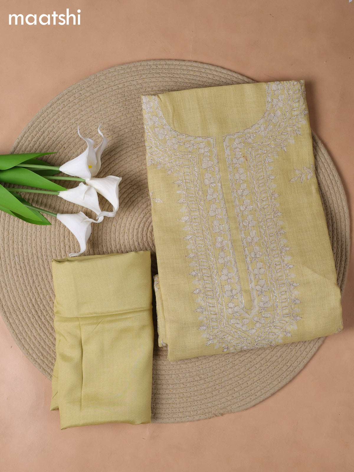 Lime Yellow Tissue Linen Dress Material With Embroidery Work Neck Pattern