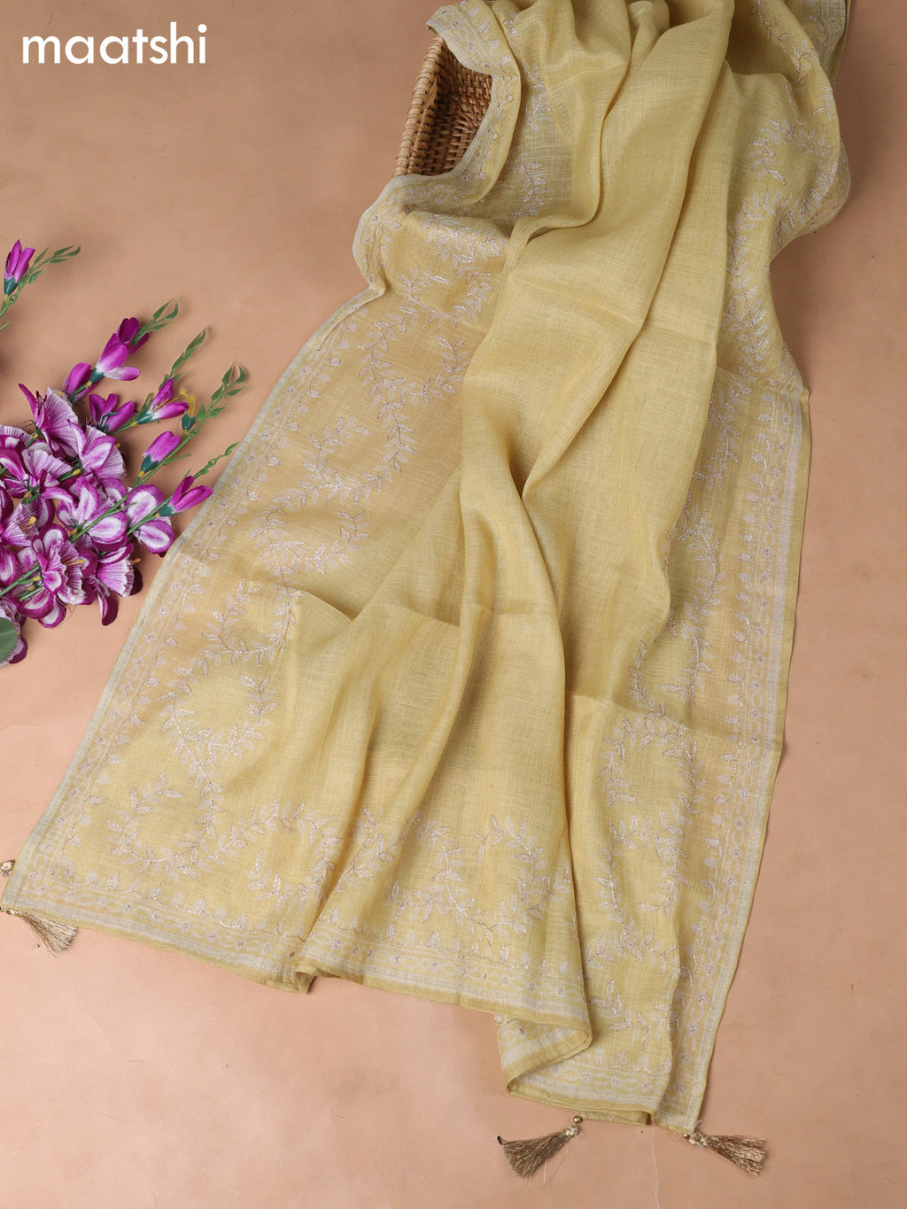 Lime Yellow Tissue Linen Dress Material With Embroidery Work Neck Pattern