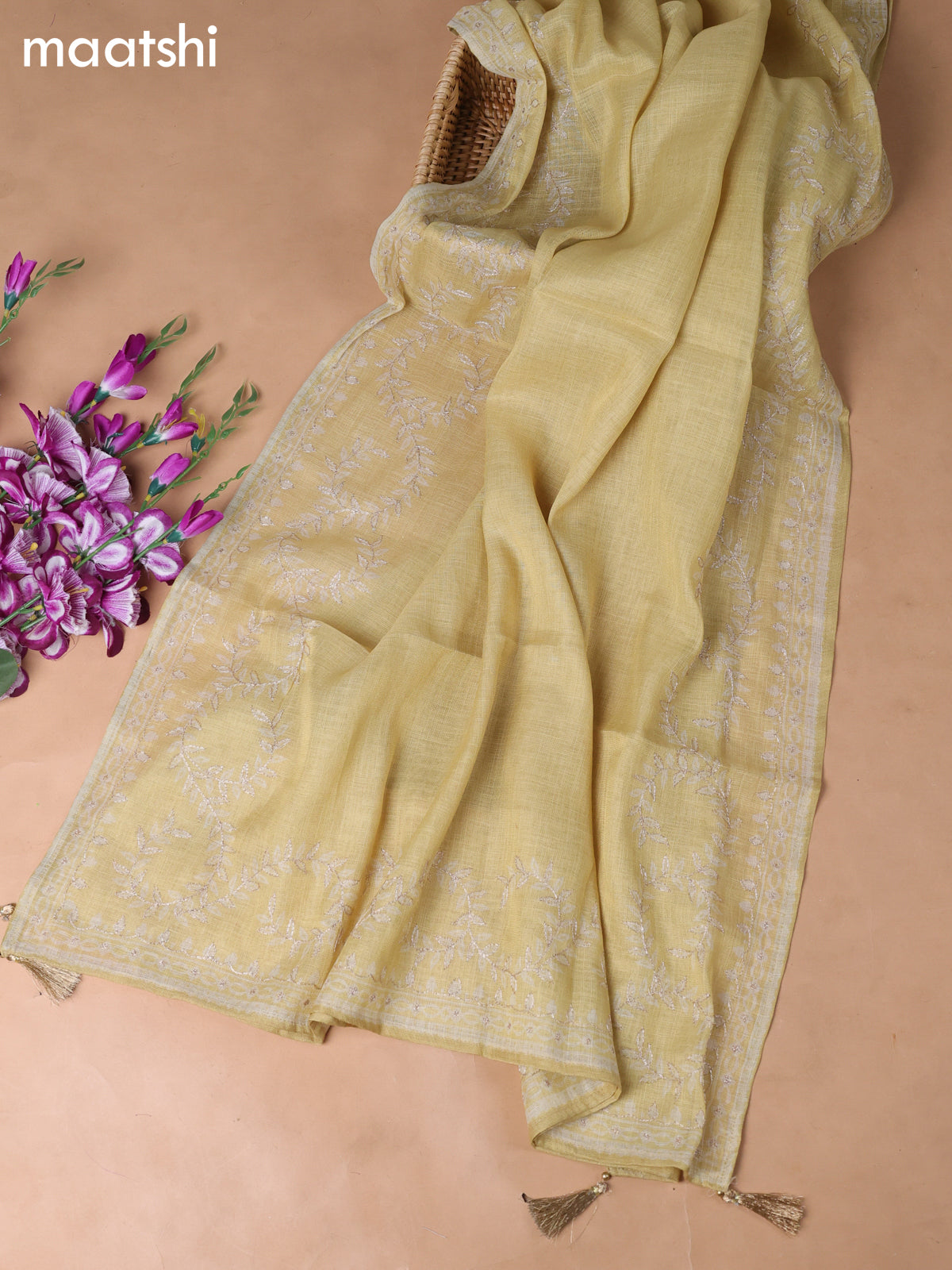 Lime Yellow Tissue Linen Dress Material With Embroidery Work Neck Pattern