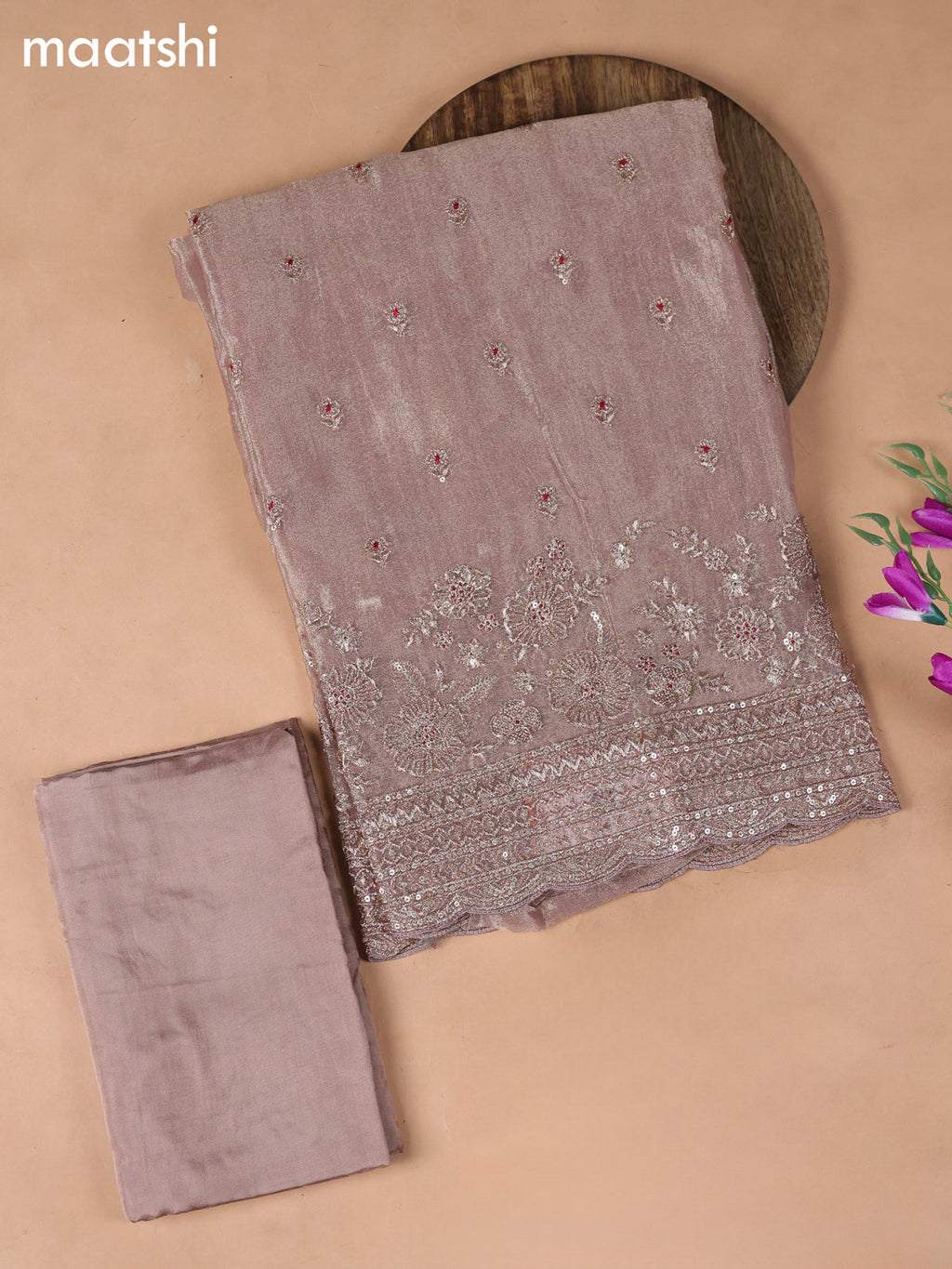 Peach Tissue Dress Material With Embroidery Work Neck Pattern